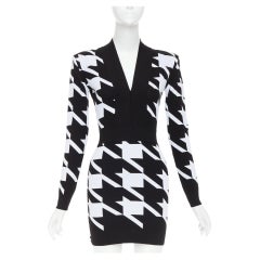BALMAIN Houndstooth Mini black white bold print jacquard padded mini dress FR36