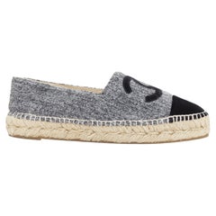 CHANEL grey tweed velvet CC logo toe cap espadrille shoes EU38