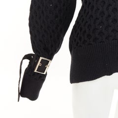 SACAI 2018 black open waffle knit buckle sleeve cotton blend sweater JP1 S