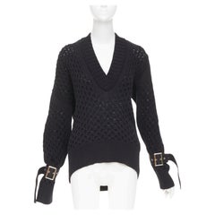 SACAI 2018 black open waffle knit buckle sleeve cotton blend sweater JP1 S