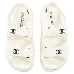 CHANEL 2021 frayed white tweed CC hook and loop open toe dad flat sandals EU37.5