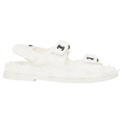 CHANEL 2021 frayed white tweed CC hook and loop open toe dad flat sandals EU37.5