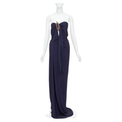 HERMES 2014 – trägerloses Abendkleid aus marineblauer Viskose mit Lederbesatz im Brustbereich, Größe FR36