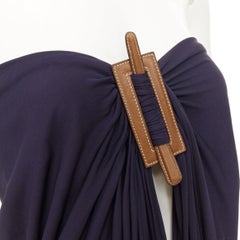 HERMES 2014 – trägerloses Abendkleid aus marineblauer Viskose mit Lederbesatz im Brustbereich, Größe FR36