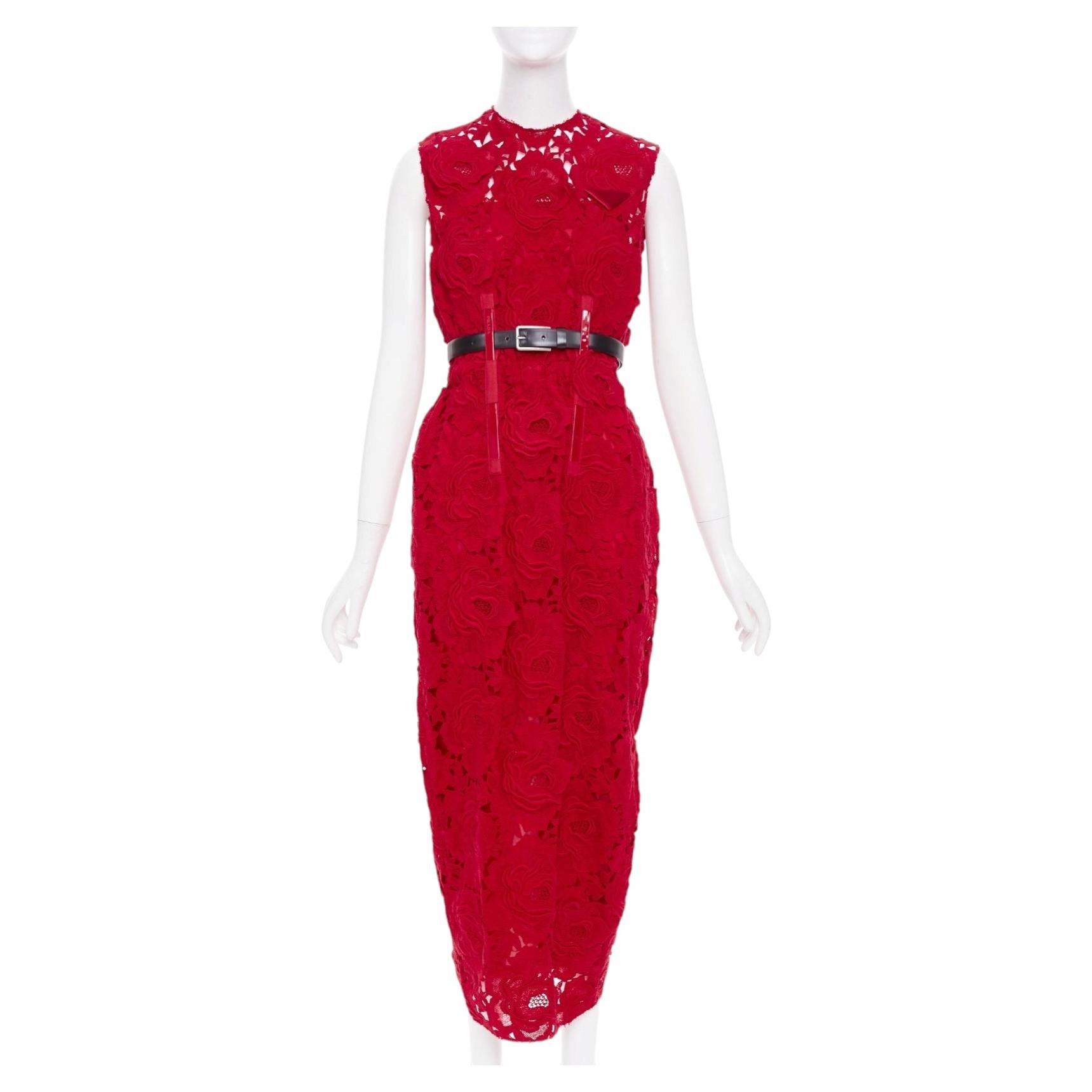 PRADA 2022 Runway rose blooming guipure lace open back sheath midi dress IT40
