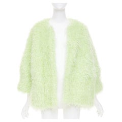 DRIES VAN NOTEN light green fuzzy mohair wool collarless loose open knit coat S