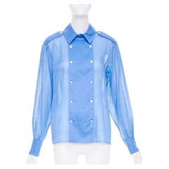 CHANEL sheer panel blue cotton double breasted epaulet button blouse shirt FR38