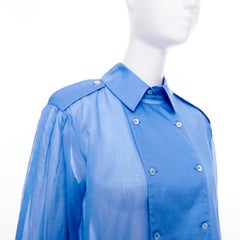 CHANEL sheer panel blue cotton double breasted epaulet button blouse shirt FR38