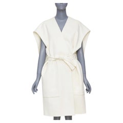 ERMES ivory 100% double face cashmere open cap sleeve belted robe coat FR36 S