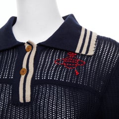 VIVIENNE WESTWOOD navy open stitch cotton linen embroidered orb polo top M