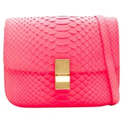 OLD CELINE Medium Classic Box Bag neon pink scaled leather flap crossbody