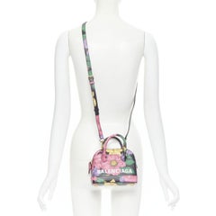 BALENCIAGA Ville XXS black floral logo print top handle crossbody bag