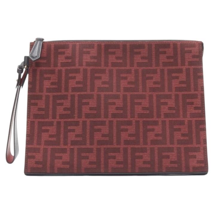 Pre-owned Fendi Zucca Ff Monogram Red Canvas Black Leather Zip Clutch Bag