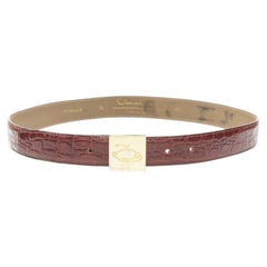 OSCAR DE LA RENTA brown stamped mock croc gold logo buckle belt 32"-36"