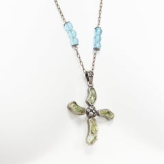 DOLCE GABBANA faux emerald blue beads Bytantine cross  leather opera necklace
