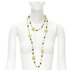 CHANEL Vintage Haute Couture Goosens Lion head black faux pearl sautoir neckace