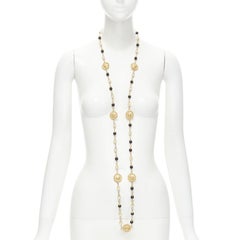 CHANEL Vintage Haute Couture Goosens Lion head black faux pearl sautoir neckace