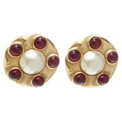 CHANEL Vintage 1990's Collection 23 gold red Gripoix faux pearl clip on earrings