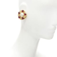 CHANEL Vintage 1990's Collection 23 gold red Gripoix faux pearl clip on earrings