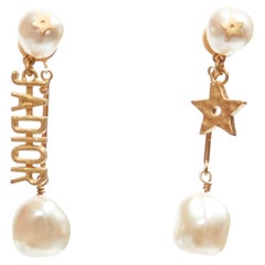 DIOR Tribale J'adior faux pearl logo drop star pin asymmetric stud earrings pair
