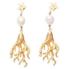 DIOR Tribales Coraile gold metal star coral faux pearl drop pin earrings Pair