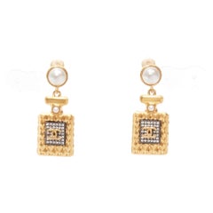 CHANEL A20A gold CC Perfume Bottlefaux pearl drop pendant earrings pair