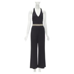 ALICE OLIVIA silver crystal bead embellished halter backless jumpsuit S