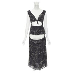 YOHJI YAMAMOTO black pixelated floral paisley cut out draped front midi dress S