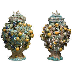 Very Rare Pair of Faience Vases and Covers