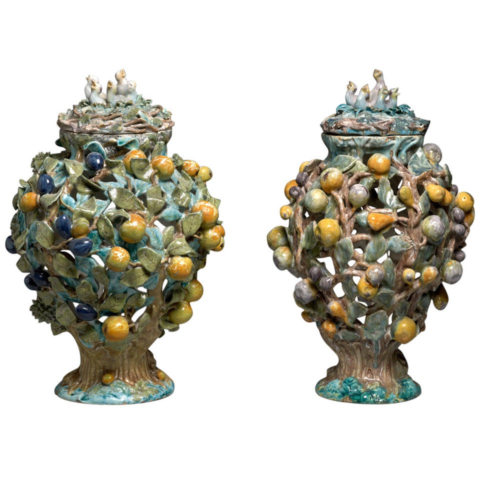 Very Rare Pair of Faience Vases and Covers For Sale