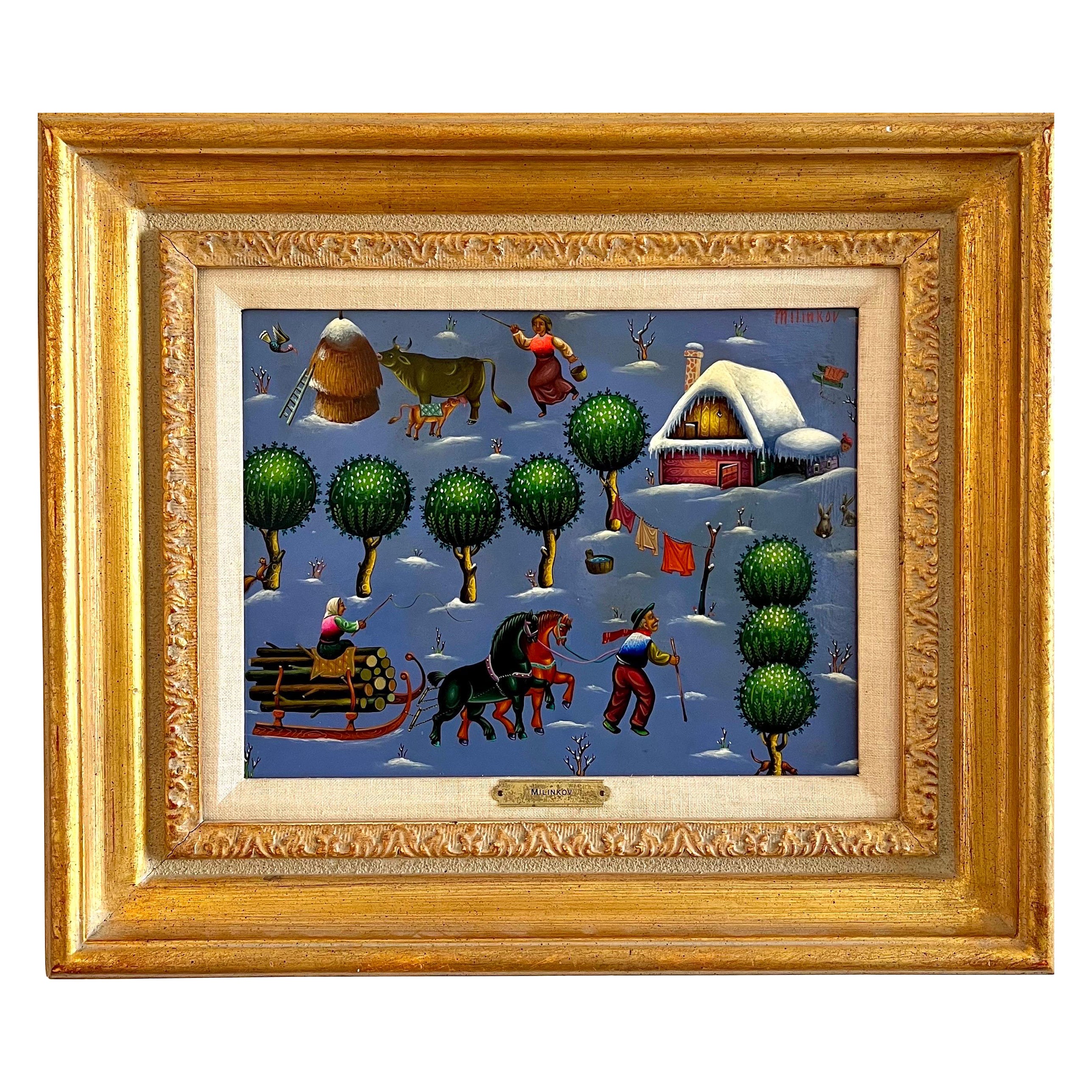 Ljubomir Milinkov (1938) 
Oil painting on board, 
Whimsical pastoral farm landscape 
Hand signed upper right, 
Dimensions: painting 12-1/2 x 15-1/2 inches. framed 18.5 x 21.5 inches

Ljubomir Milinkov depicts a fantasy like setting using bold