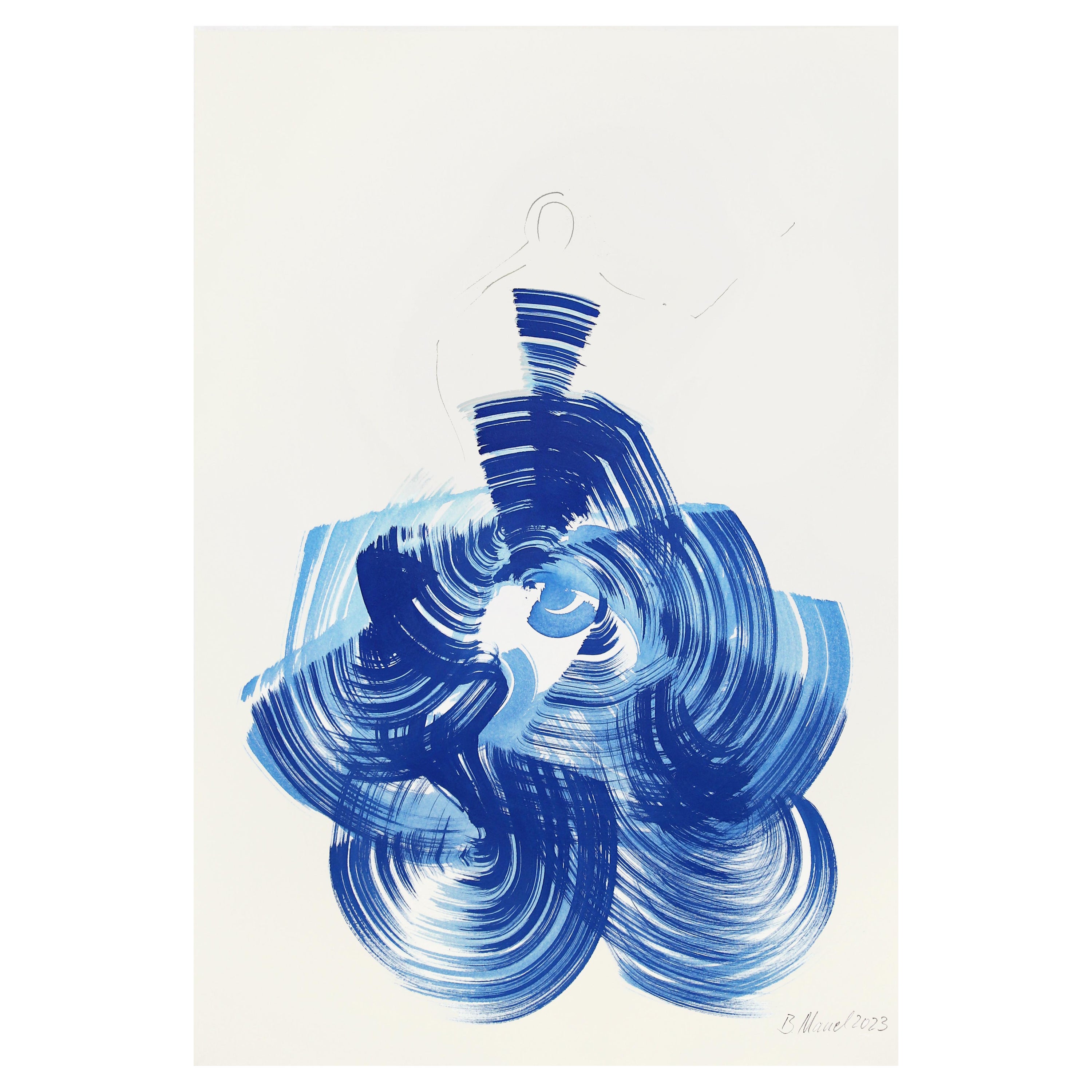 Bettina Mauel Figurative Painting - The Blue Dress 11 - Blue Minimalist Figurative Ink Painting