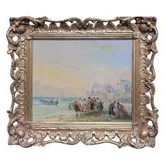 Vintage Traditional English Oil Painting Fisherfolk Tending Nets on Crowded Beach Coast