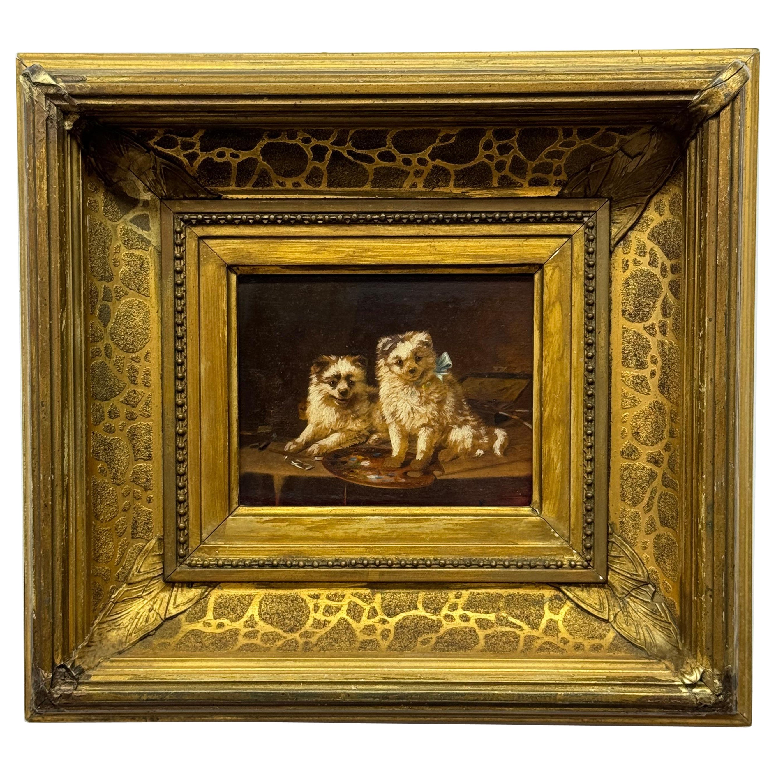 Unknown Animal Painting - Absolutely beautiful and charming 19th century portrait painting of two dogs