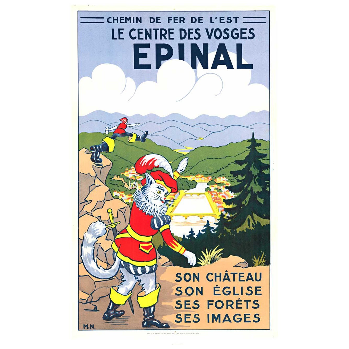 Affiche de voyage originale Puss « Épinal, Chemin de Fer de l'Est » vintage
