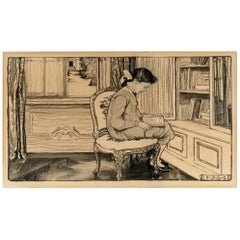 Antique Studious Girl Reading a Book  - Women's Education  - Female Illustrator 