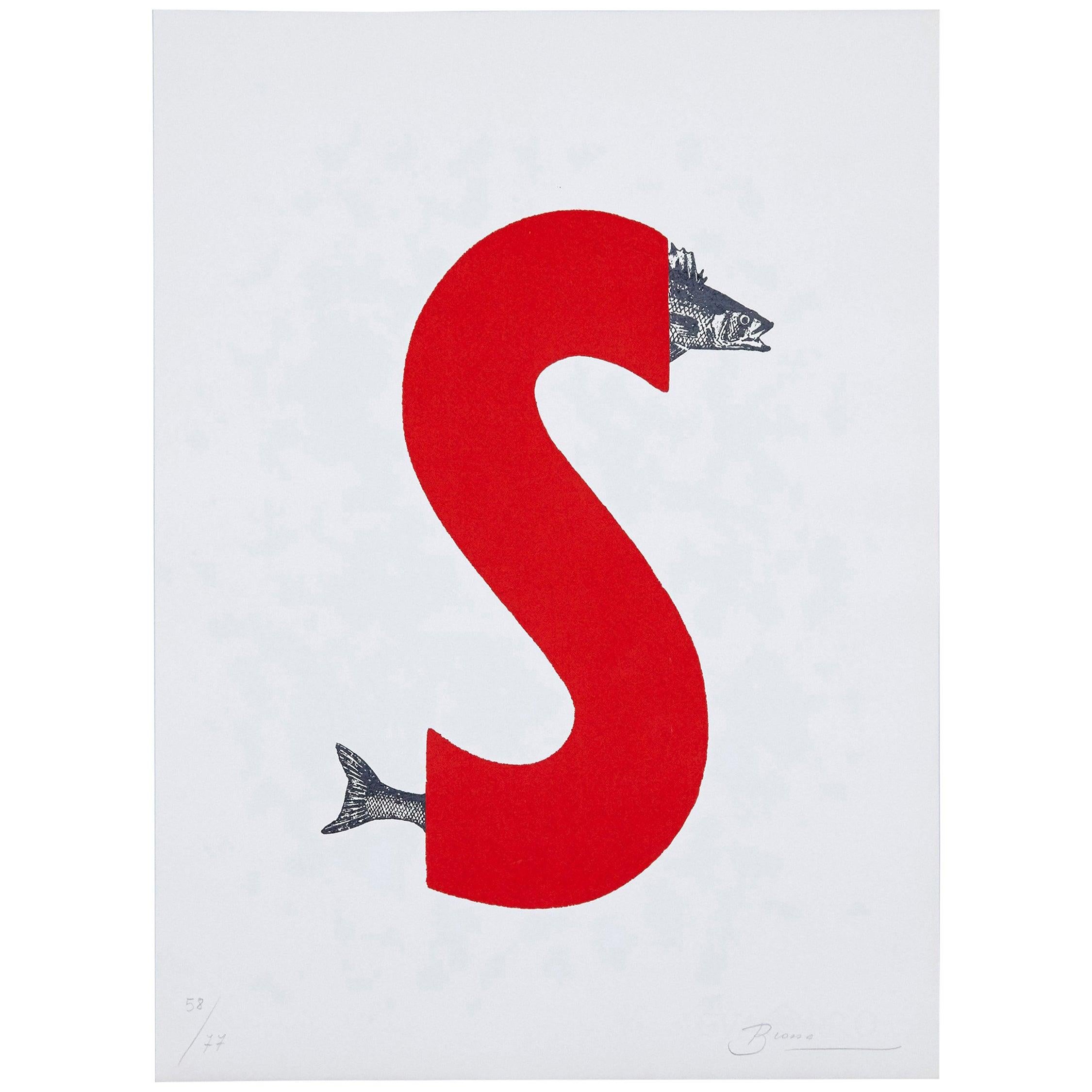 Joan Brossa Surrealist Lithograph Visual Poem with a Red S, signed, circa 1980 For Sale