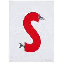 Joan Brossa Surrealistische Lithographie Visuelles Gedicht mit einem roten S, signiert, um 1980