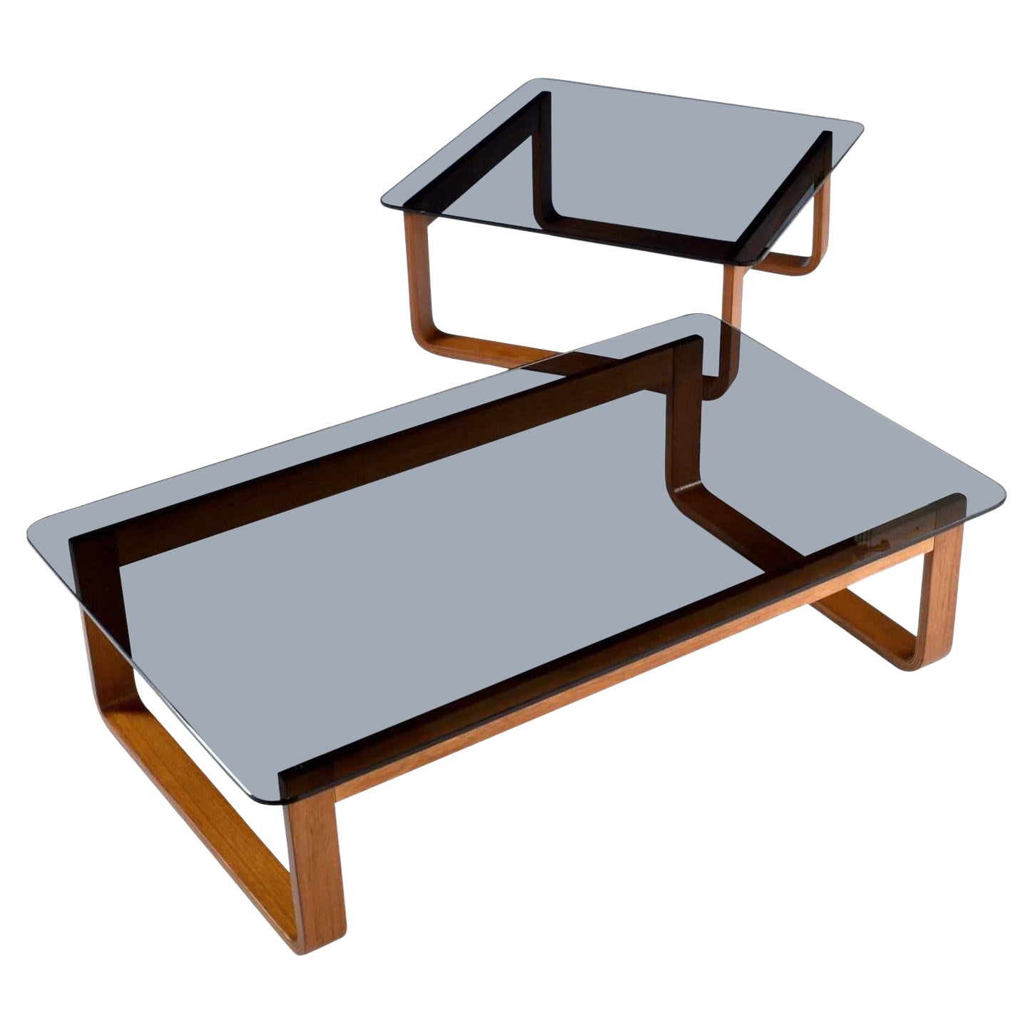 Teak & Smoked Glass 1970s Fred Lowen for Tessa Coffee Table & End Tables Set For Sale