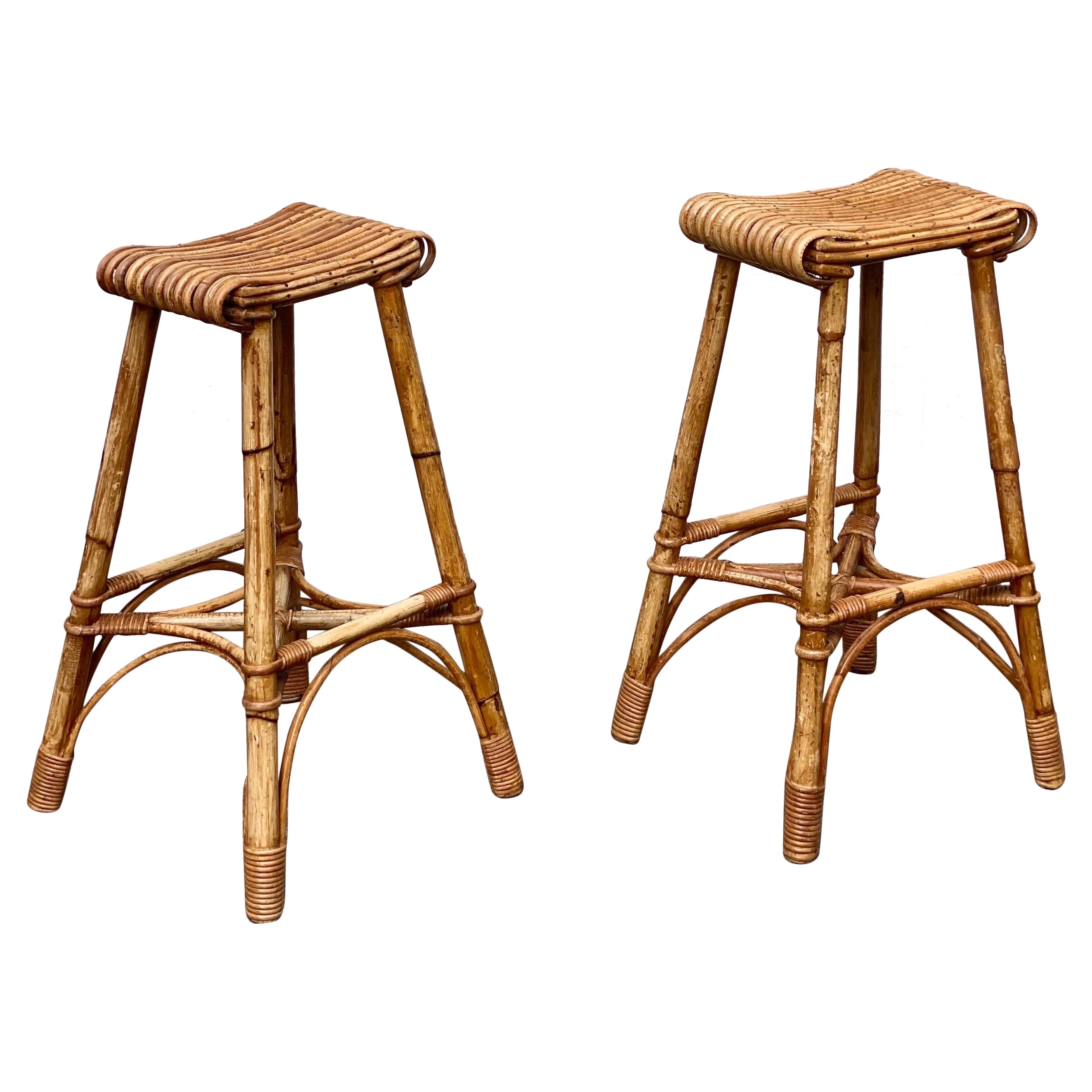 1940s Vintage English Bamboo Bar Stools – a Pair For Sale
