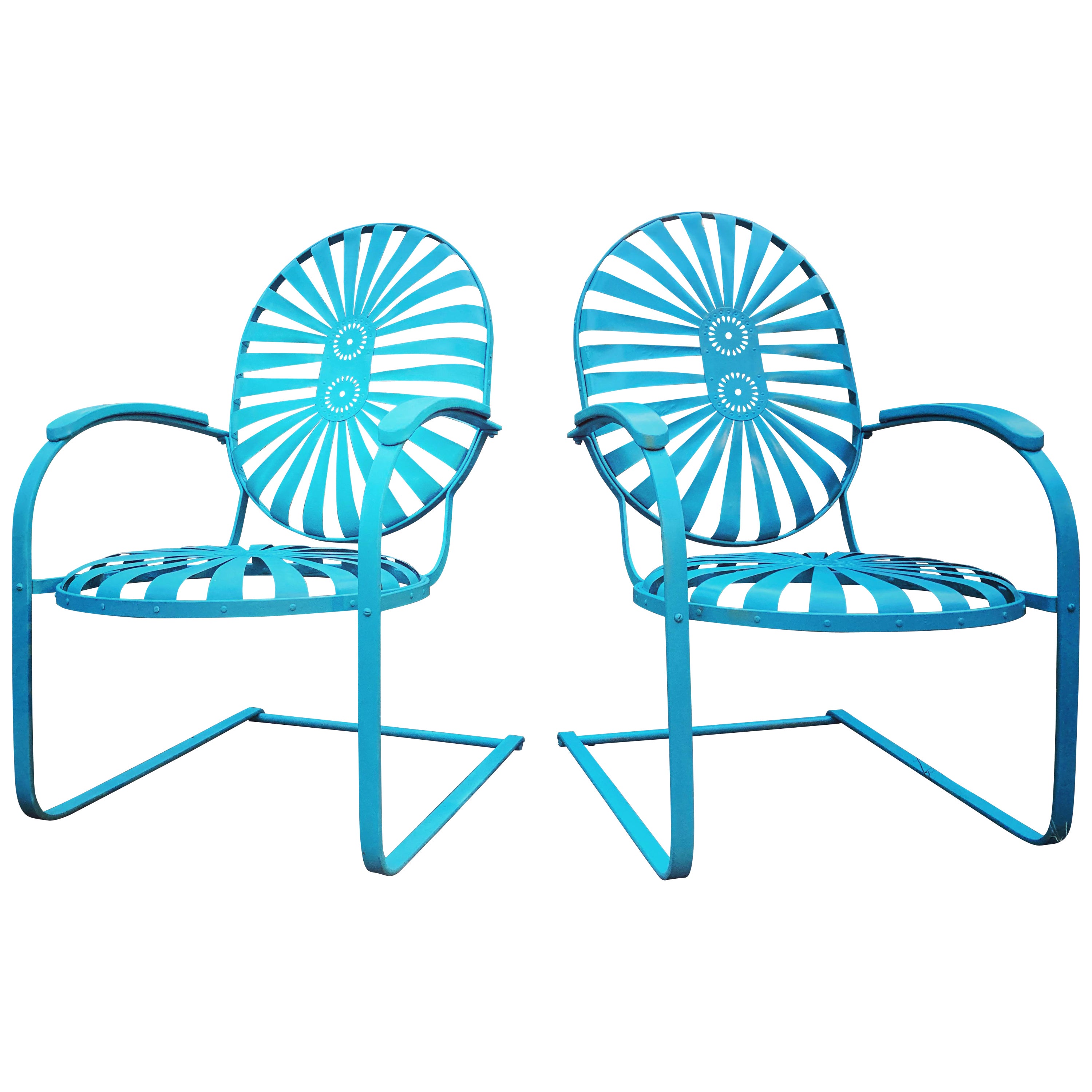 Francois Carre Large Garden Cantilever Teal Rocking Chairs.   For Sale
