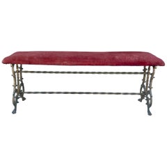 1950s Vintage Brass & Velvet Bench