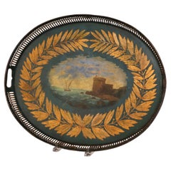 Plateau en tôle ovale du 19ème siècle peint et doré à la main avec scène de port