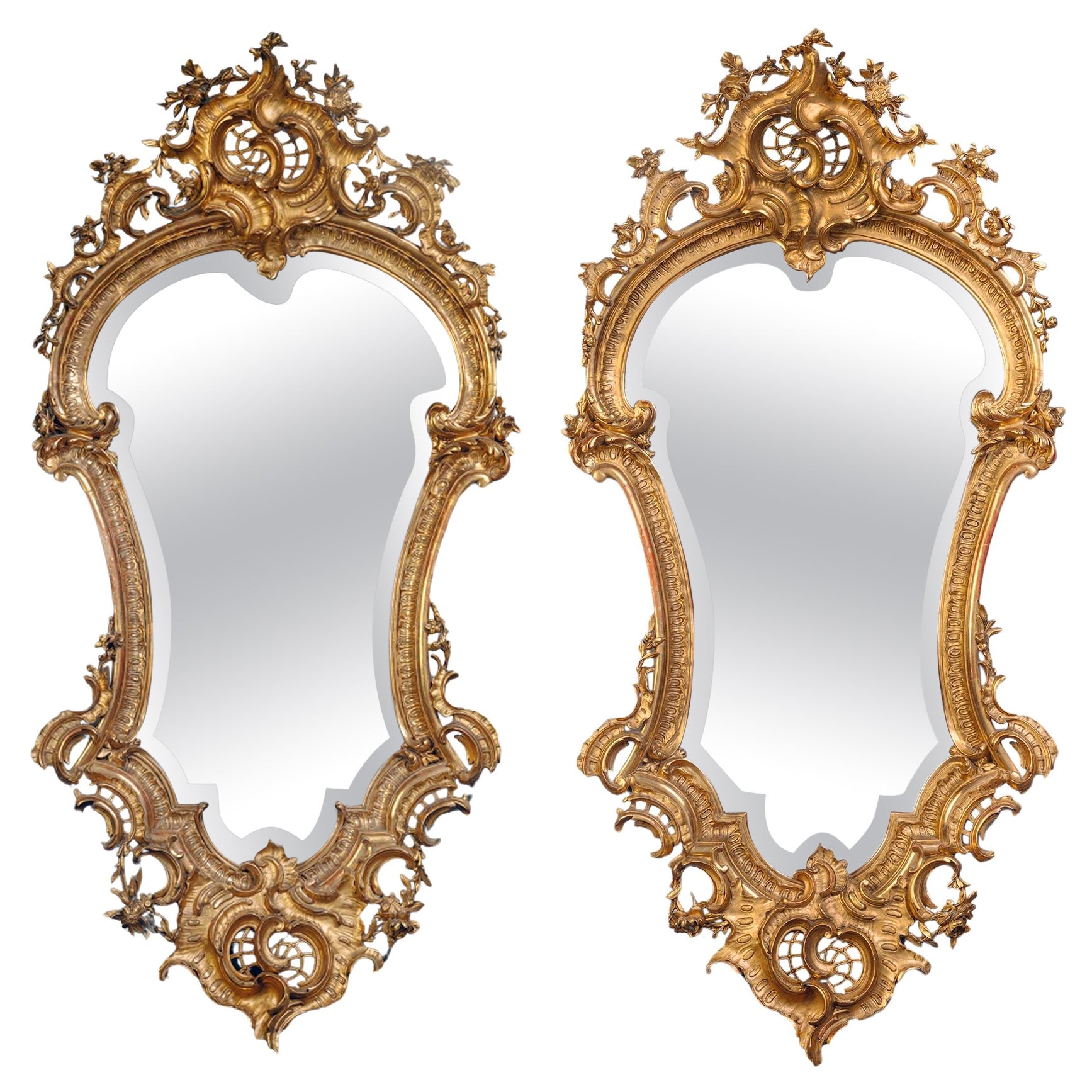 Grande paire de miroirs muraux en bois doré en forme de cartouche de Florentine en vente