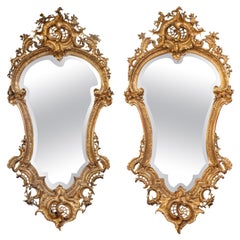 Large Pair of Florentine Cartouche-Shaped Giltwood Wall Mirrors
