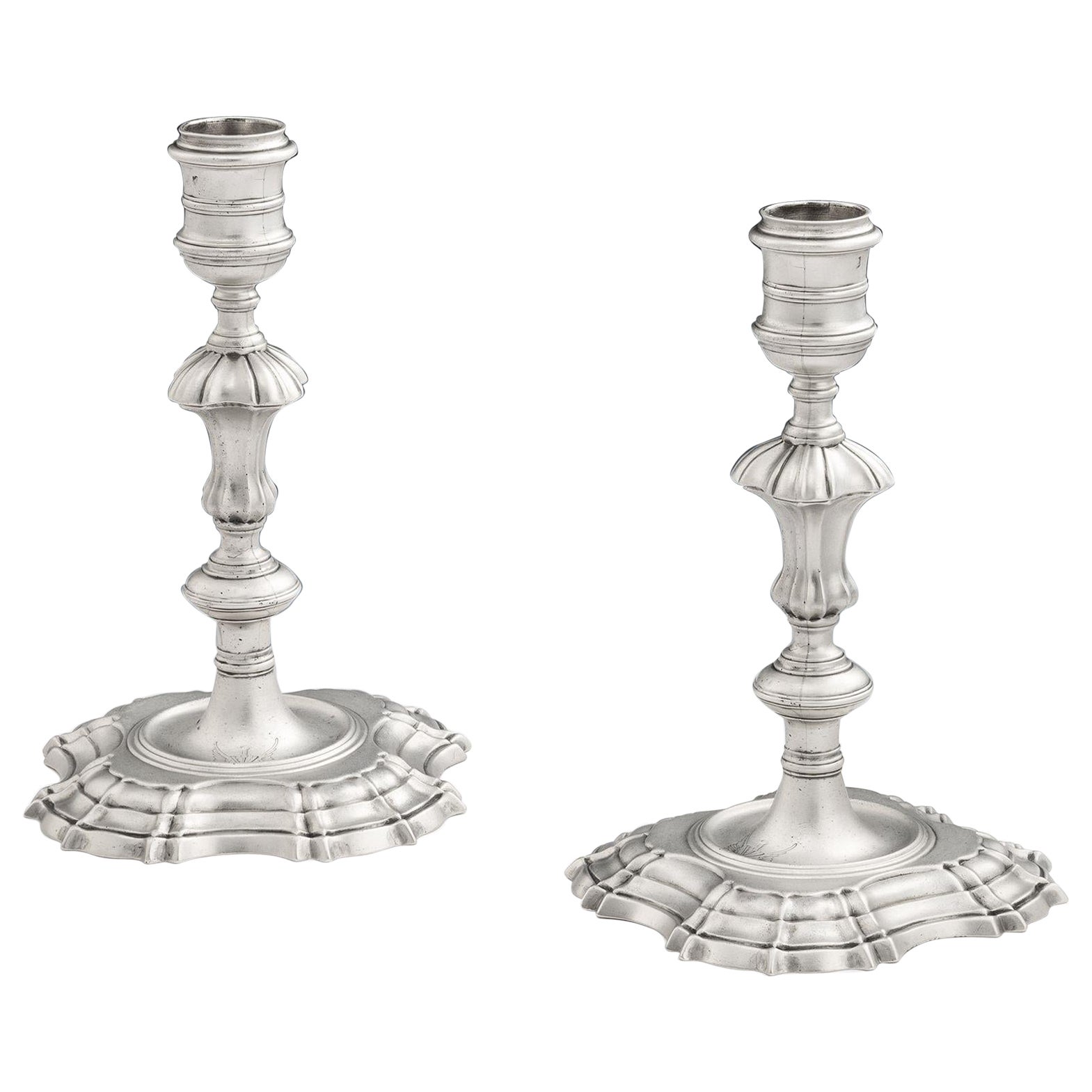 Pair of George II Cast Candlesticks Made in London by William Gould in 1743 For Sale