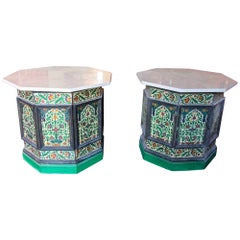 Pair of Metal Side Tables with Flower Decoration and Marble Tops