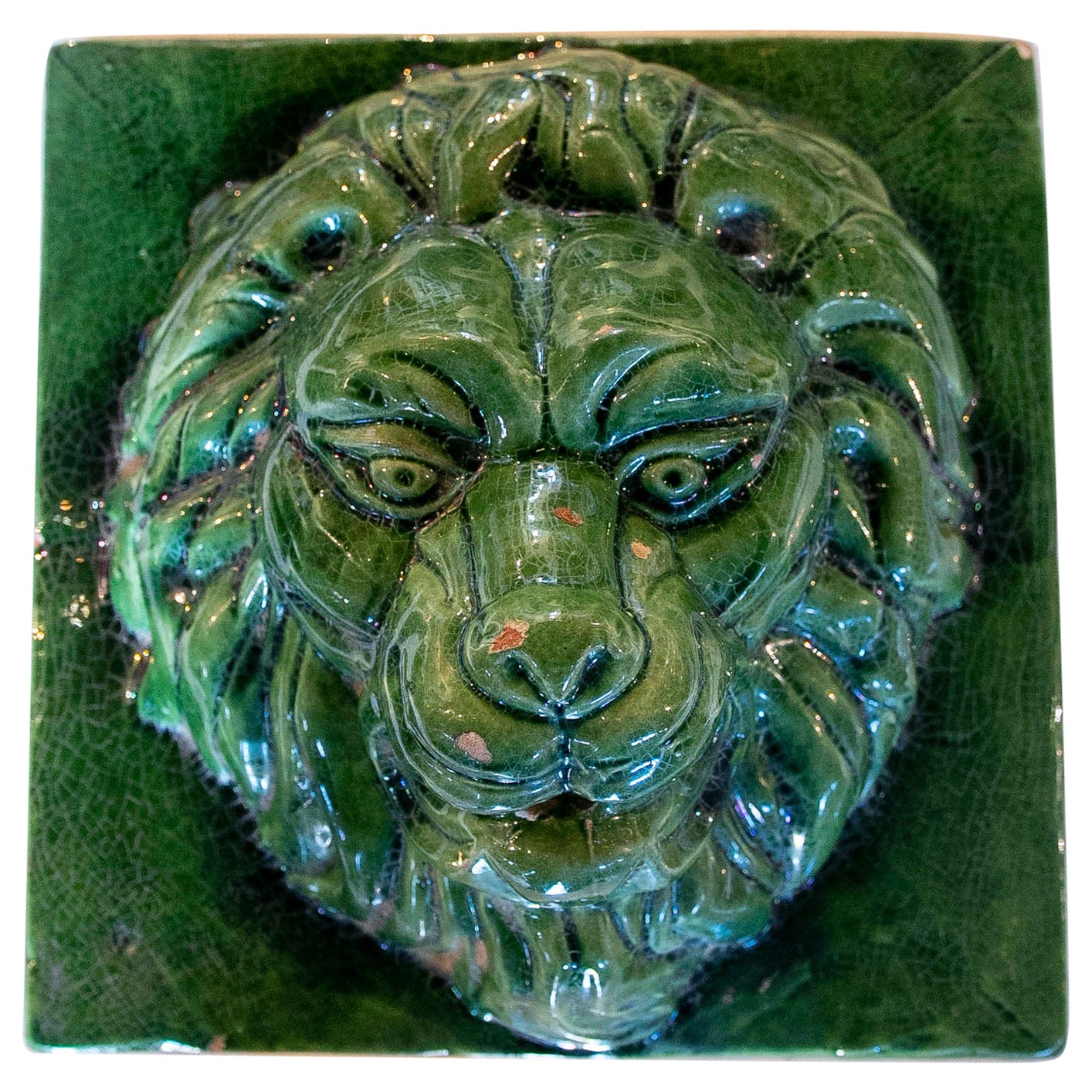 1970s Green Glazed Ceramic Lion's Head Mask  For Sale
