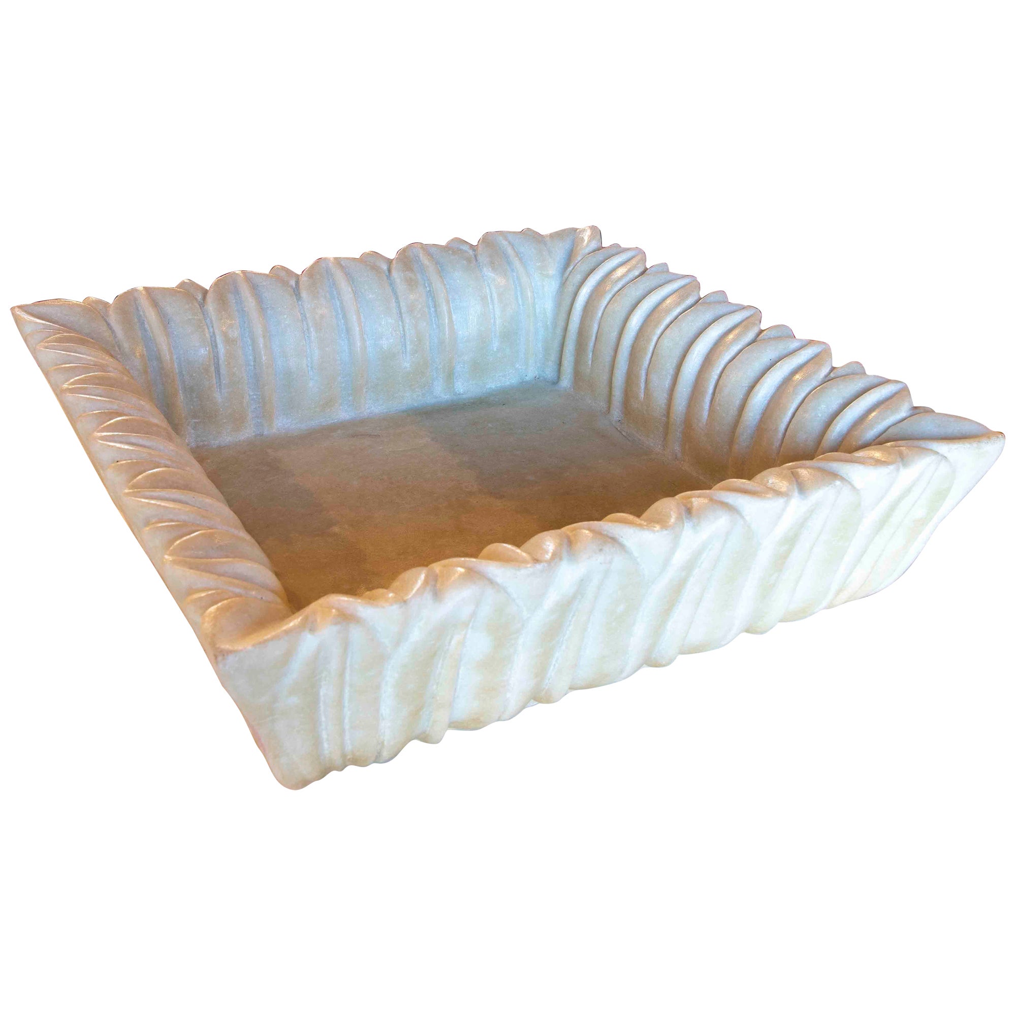 Hand-Carved Marble Square Container in the Shape of a Natural Flower For Sale