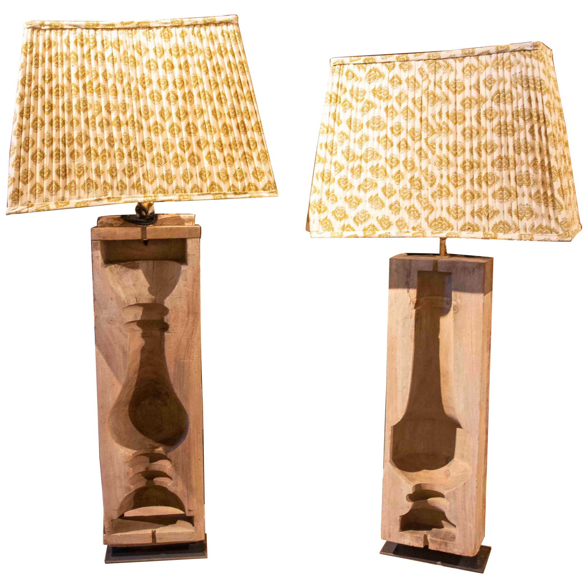 Pair of Lamps Made from Wooden Moulds with Flattened Lampshades For Sale